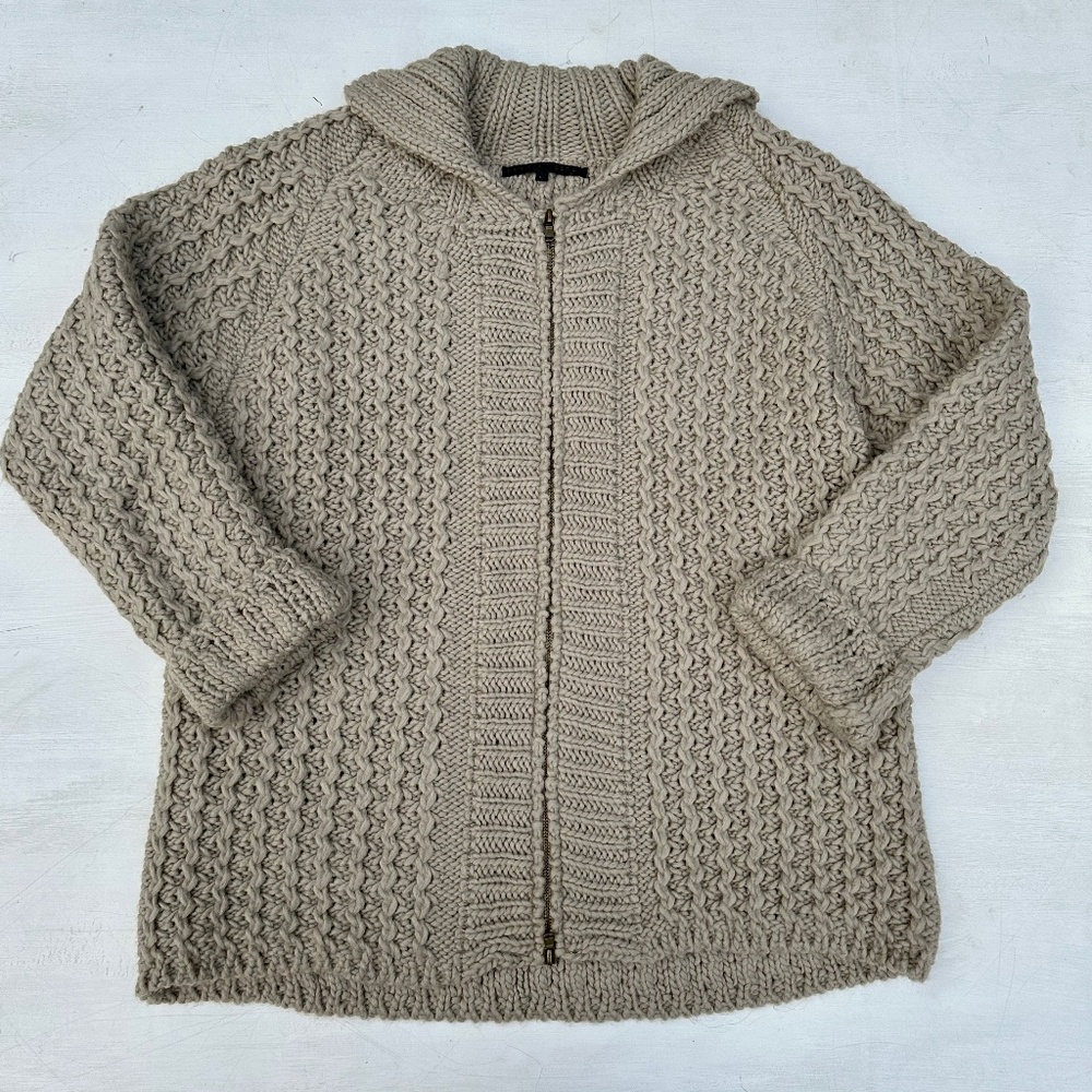 Daniele Fiesoli Beige Chunky Knit Wool Blend Zip Up Cardigan Sweater